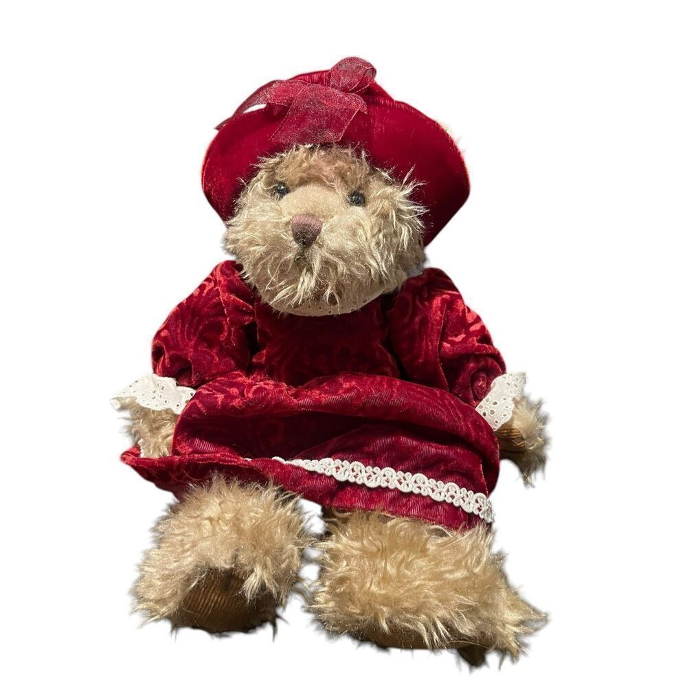 Russ Berrie Red Tan White Alexandra Velvet Dress Stuffed Teddy Bear Plush 12"